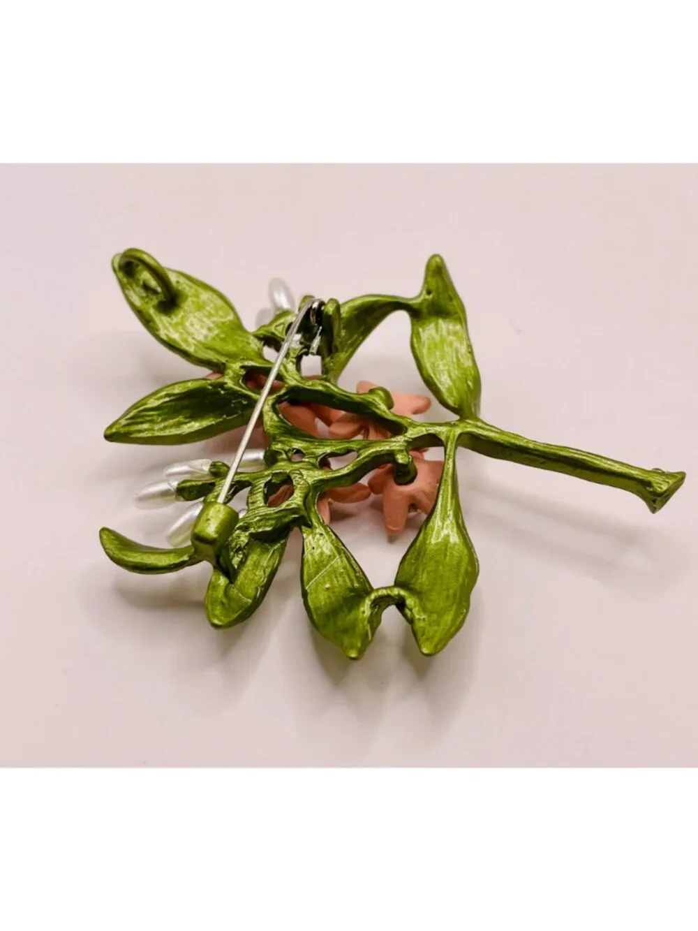 Floral Brooch Pink Enamel Flowers Faux Pearls & Green Metallic Leaves -103B
